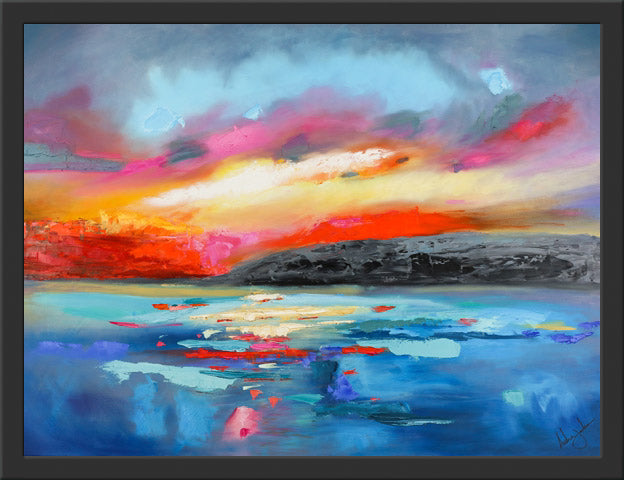 
                  
                    Beautiful abstract Sunset scene with thick moving clouds and and wonderful bright reflections on a glassy smooth sea with color wave ripples.
                  
                