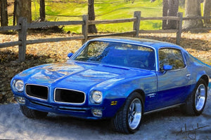 
                  
                    1971 Blue Pontiac Firebird set against Bavarian meadow fall scene and rustic fence. 
                  
                