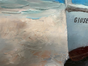 
                  
                    Close up of earth tone beach texture and pallet knife work. Also features the keel of the boat. 
                  
                