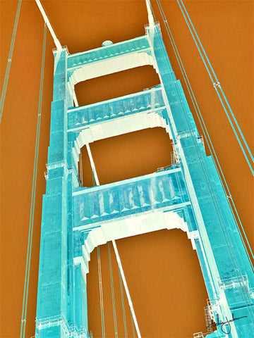 Artfully done angle of Golden Gate Bridge close up of main span done in inverted colors of an orange sky with blue bridge. 