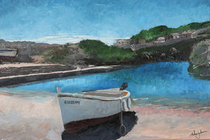 
                  
                    Small fishing boat named Giuseppe in a beautiful protected blue grotto with lush trees and village in the background. Heavily textured technique oil paint with pallet knife.
                  
                