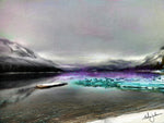 Beautiful winter lake scene withe floating dock and winter fog. teal blue rocks and purple make this painting a landscape and abstract at the same time. 