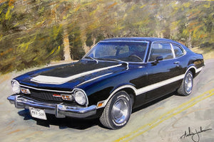 
                  
                    1970's Ford Maverick in Black with white striping racing down back country road. 
                  
                