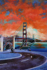 Color inverted painted of the Golden Gate Bridge. Bright orange sky with teal blue water with orange reflection. Bikers and joggers in the foreground showing the active life around the bridge. 
