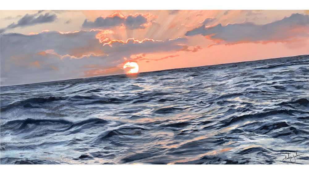 
                  
                    Sea waves deep and rolling with glints of sunset reflections on the water. Partially covered Sunset on the horizon with streams of sunset rays coming through clouds as if on fire. 
                  
                