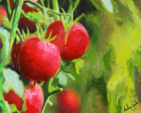 Beautifully ripe tomatoes on a vine with blurred background of heavily textured oil paint in green tones. 