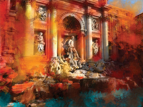 Beautiful vibrant movement of color, reds, oranges and yellows over top of a classical Roman fountain, the Trevi Fountain in Rome, Italy. 